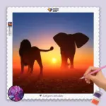 Lowe_und_Elefant_base-diamond-painting-paintingscart Löwe und Elefant im Sonnenuntergang