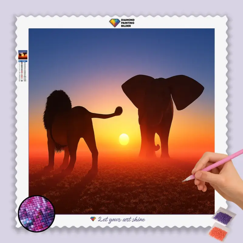 Lowe_und_Elefant_base-diamond-painting-paintingscart Löwe und Elefant im Sonnenuntergang