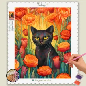 Black Cat and Flowers